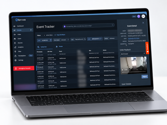 Brivo Security Suite cloud dashboard showing door access events and live camera video on a laptop
