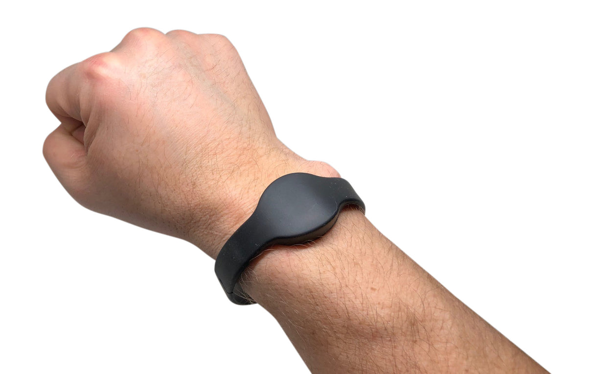 Black waterproof Kantech XSF 26-bit silicone wristband displayed on wrist, durable RFID credentials from Secure It Controls.