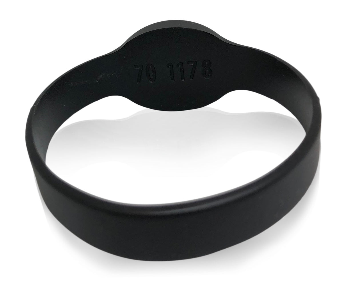 Side angle of waterproof Kantech XSF 26-bit silicone wristband showing durable, non-adjustable design supplied by Secure It Controls.