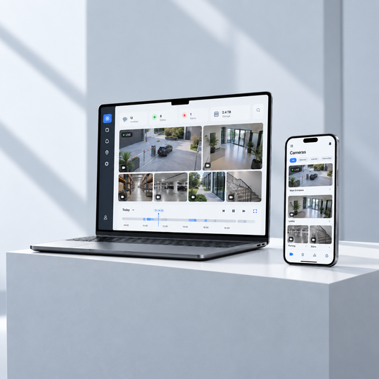 Verkada Command cloud security dashboard showing live camera feeds, doors, and alarms on a laptop