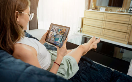 Woman monitoring Ajax home security cameras on a tablet using an Ajax alarm system app.