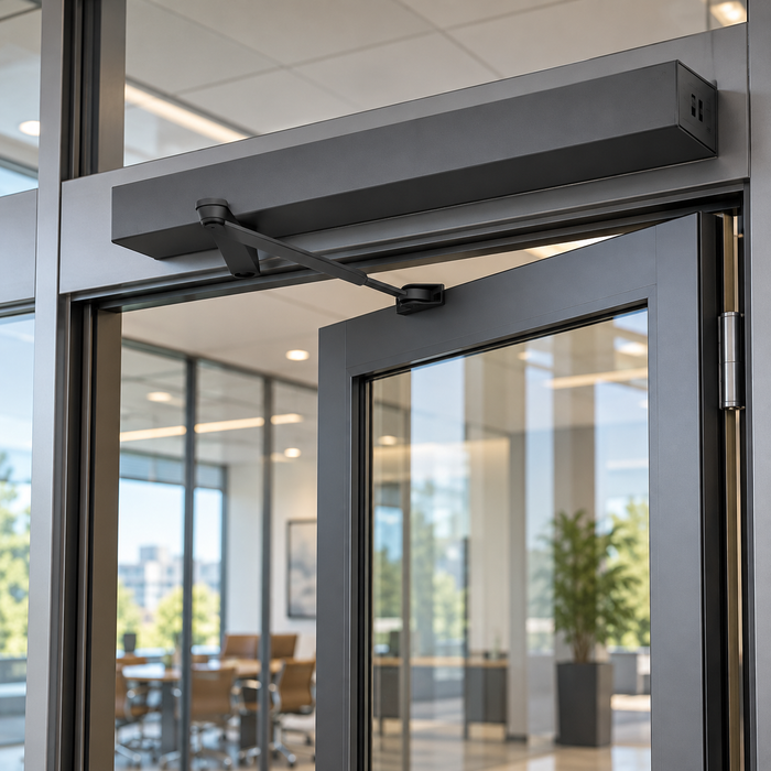Automatic door operator installed above a modern commercial glass office door in Northern Colorado.
