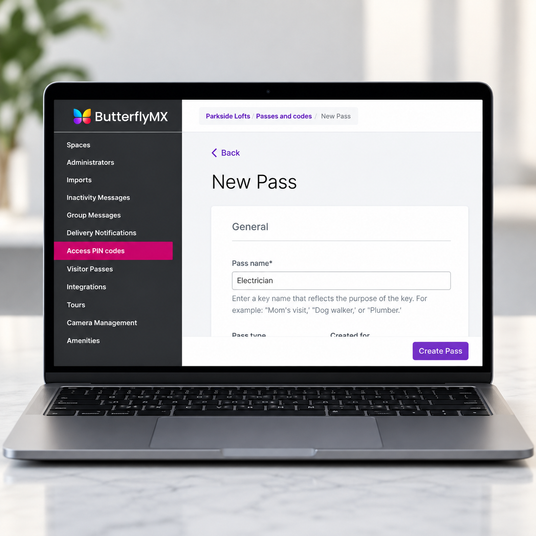 ButterflyMX property access dashboard and mobile app showing door entries and visitor video calls