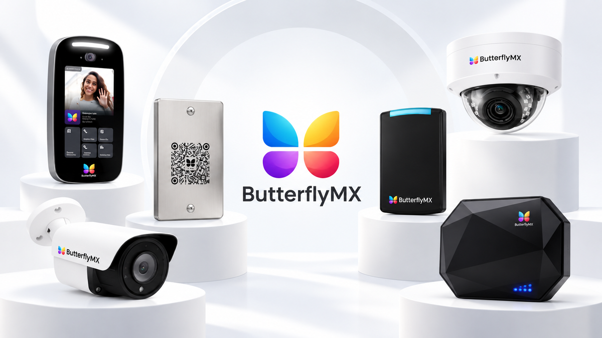 ButterflyMX touchscreen video intercom at an apartment building entrance in Northern Colorado